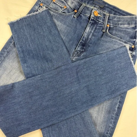 Mother High Waisted Looker Ankle Fray Jeans Womens 24 Blue Skinny Raw Hem - Picture 10 of 15
